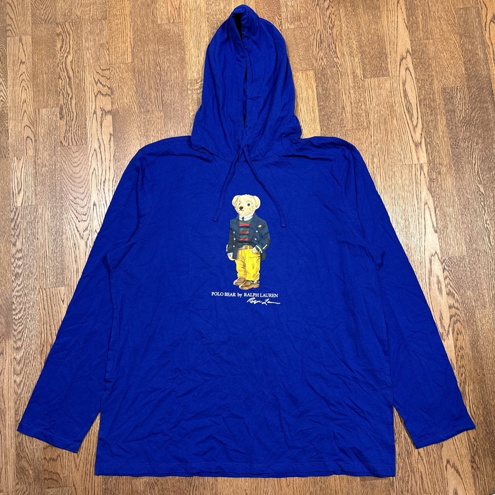 Polo Ralph Lauren Preppy Polo Bear Royal Blue Hooded L/S T Shirt Mens 2XL